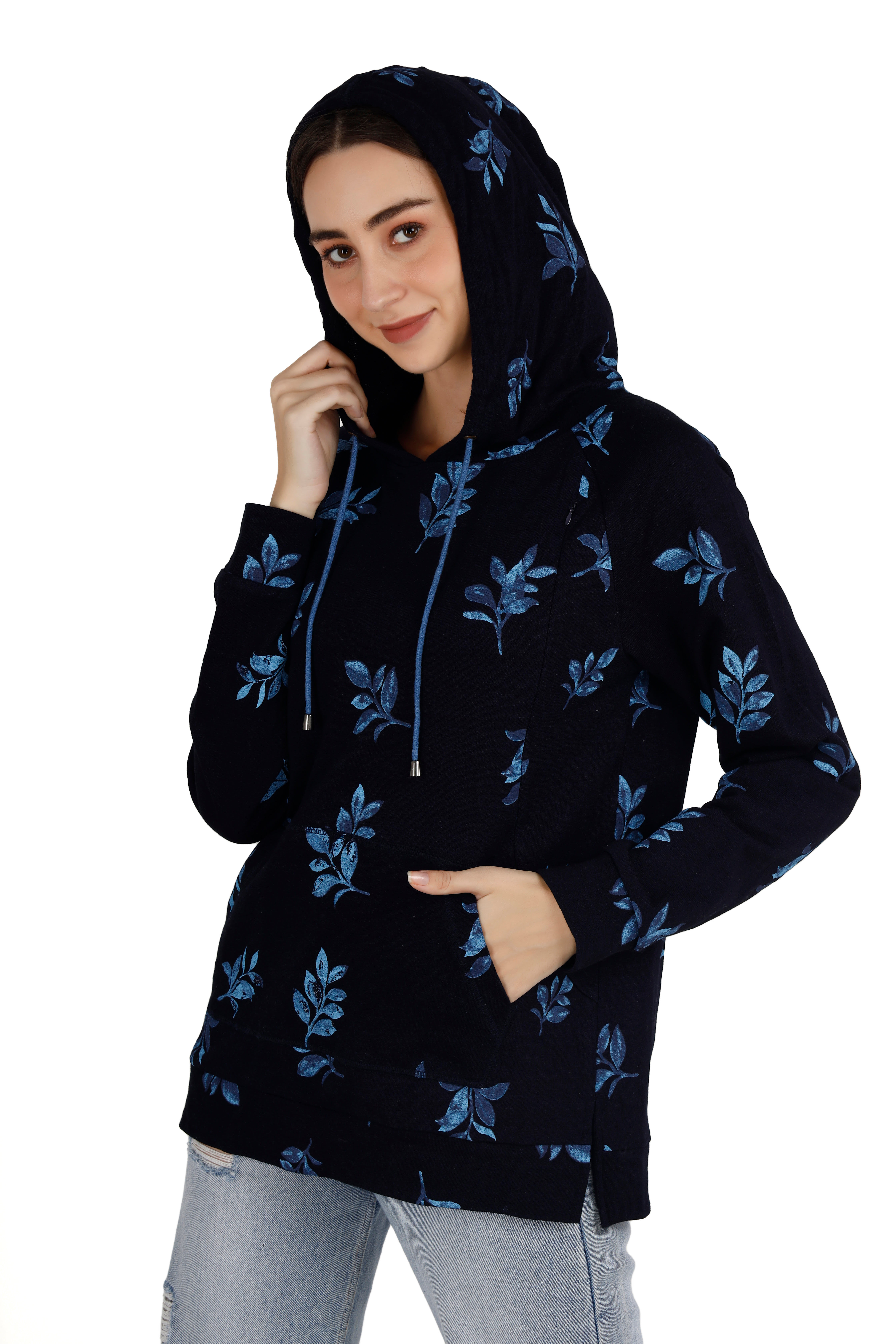 Women's Floral Navy Blue Hoodie thumbnail 2